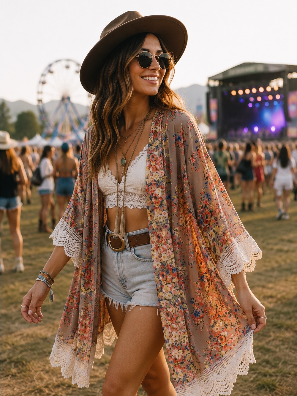 Boho Polyester Blend Brown With Red/Blue /Yellow Florals & Lace Trim Kimono